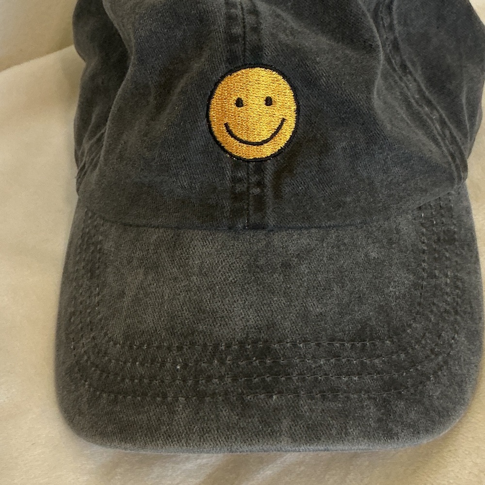 Black Washed Adjustable Ball Cap with Embrodered Yellow Smiley Face